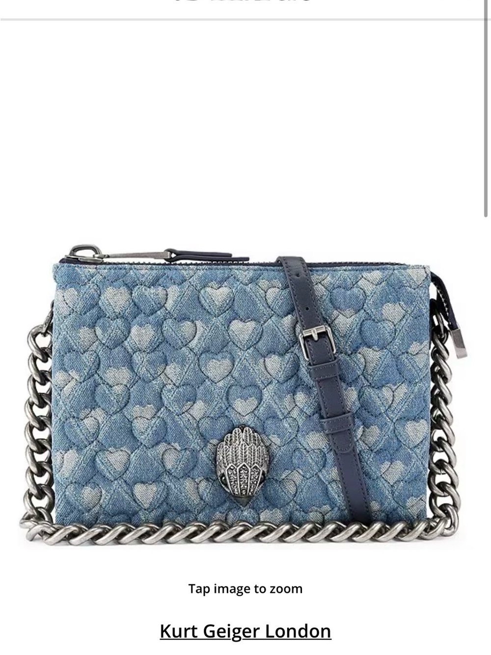 Kurt Geiger Denim Heart-Quilted Crossbody with Silver Chain